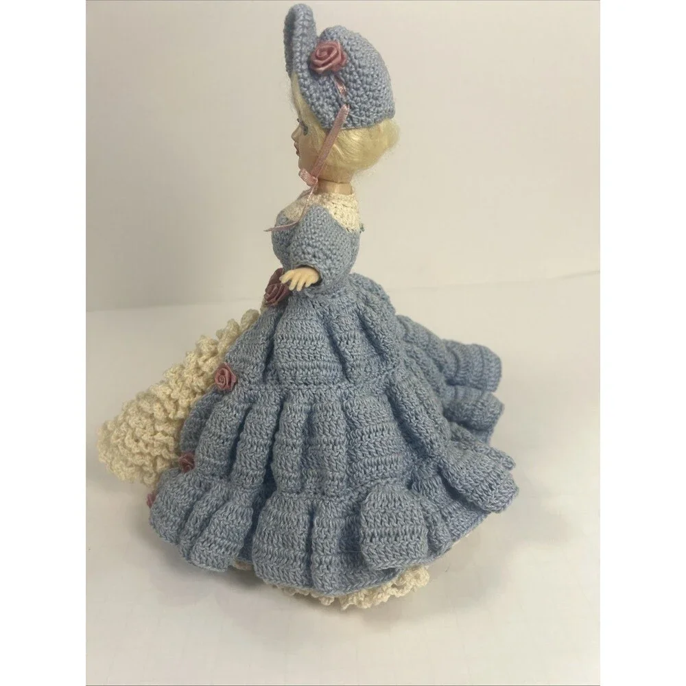 Vintage Plastic Doll Handmade Crocheted Blue DressBlonde Hair Blue Blinking Eyes